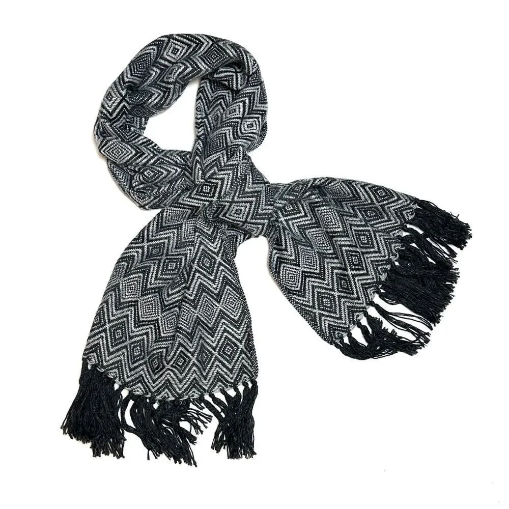 MyE Baby Alpaca Large Scarf Wrap Gray Charcoal Zigzags Fringes Men's Women's